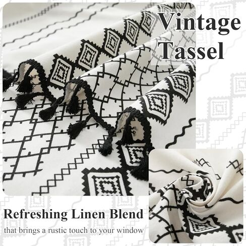 ستائر بوهو باللونين الأبيض والأسود لغرفة النوم، ستائر غرفة المعيشة من الكتان بطول 84 بوصة، مجموعة من لوحتين، شرابات بنمط هندسي، ستائر معالجة النوافذ بتصفية الضوء in Kuwait