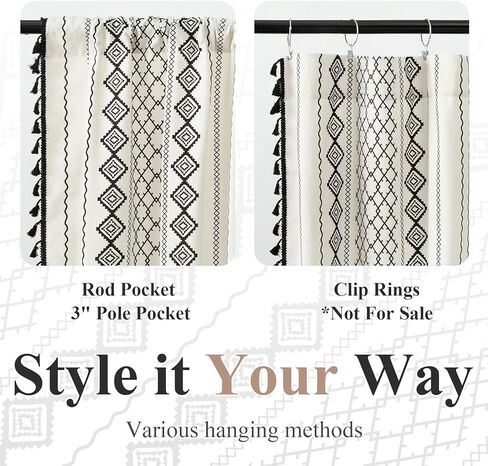 ستائر بوهو باللونين الأبيض والأسود لغرفة النوم، ستائر غرفة المعيشة من الكتان بطول 84 بوصة، مجموعة من لوحتين، شرابات بنمط هندسي، ستائر معالجة النوافذ بتصفية الضوء in Kuwait