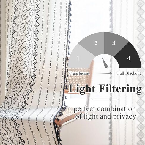 ستائر بوهو باللونين الأبيض والأسود لغرفة النوم، ستائر غرفة المعيشة من الكتان بطول 84 بوصة، مجموعة من لوحتين، شرابات بنمط هندسي، ستائر معالجة النوافذ بتصفية الضوء in Kuwait