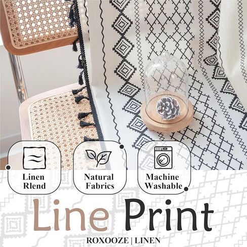 ستائر بوهو باللونين الأبيض والأسود لغرفة النوم، ستائر غرفة المعيشة من الكتان بطول 84 بوصة، مجموعة من لوحتين، شرابات بنمط هندسي، ستائر معالجة النوافذ بتصفية الضوء in Kuwait