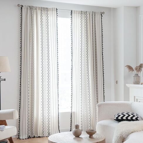 ستائر بوهو باللونين الأبيض والأسود لغرفة النوم، ستائر غرفة المعيشة من الكتان بطول 84 بوصة، مجموعة من لوحتين، شرابات بنمط هندسي، ستائر معالجة النوافذ بتصفية الضوء in Kuwait