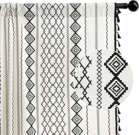 ستائر بوهو باللونين الأبيض والأسود لغرفة النوم، ستائر غرفة المعيشة من الكتان بطول 84 بوصة، مجموعة من لوحتين، شرابات بنمط هندسي، ستائر معالجة النوافذ بتصفية الضوء in Kuwait