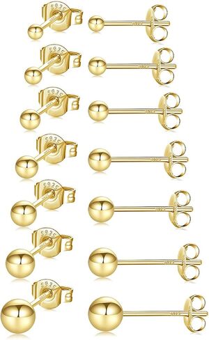 Fcebsty 7 Pairs 14K Gold Studs Earrings 925 Sterling Silver Post Ball Stud Earrings for Women Cartilage Earring Small Gold Stud Earrings for Women Real Gold Ball Studs Nap Earrings 2-8mm in Saudi Arabia