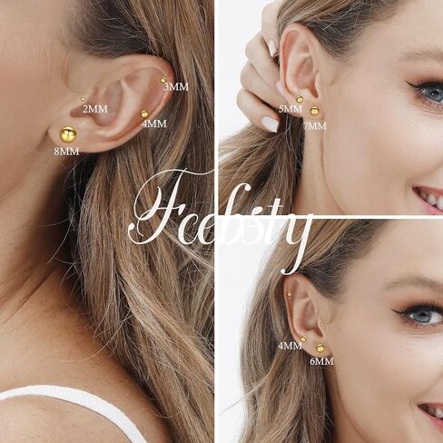 Fcebsty 7 Pairs 14K Gold Studs Earrings 925 Sterling Silver Post Ball Stud Earrings for Women Cartilage Earring Small Gold Stud Earrings for Women Real Gold Ball Studs Nap Earrings 2-8mm in Saudi Arabia