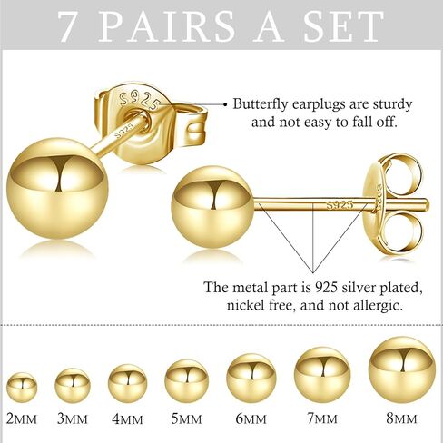 Fcebsty 7 Pairs 14K Gold Studs Earrings 925 Sterling Silver Post Ball Stud Earrings for Women Cartilage Earring Small Gold Stud Earrings for Women Real Gold Ball Studs Nap Earrings 2-8mm in Saudi Arabia
