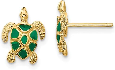 Solid 14k Yellow Gold Green Enameled Sea Turtle Post Earrings (11mm x 9mm) in Saudi Arabia