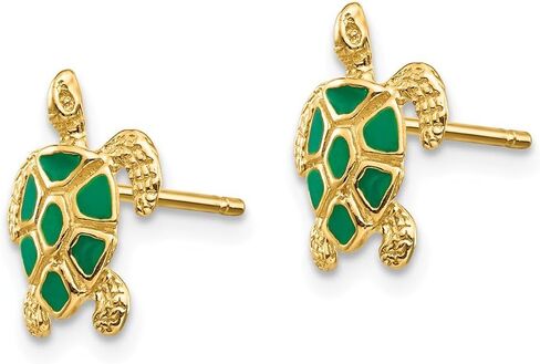 Solid 14k Yellow Gold Green Enameled Sea Turtle Post Earrings (11mm x 9mm) in Saudi Arabia