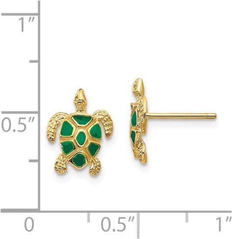 Solid 14k Yellow Gold Green Enameled Sea Turtle Post Earrings (11mm x 9mm) in Saudi Arabia