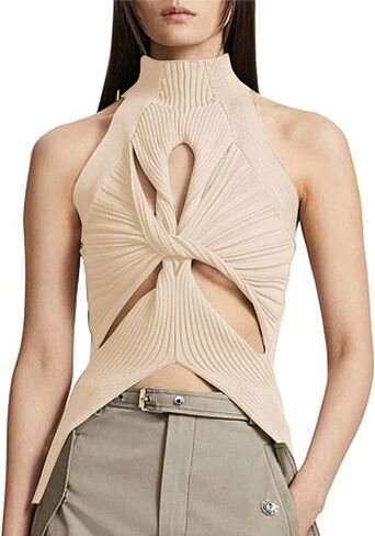 SAFRISIOR Women Sexy Hollow Out Twist Front Knitted Tank Tops Sleeveless High Neck Cut Out Sweater Vest in Kuwait