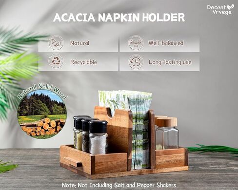 حامل مناديل، حامل مناديل مع علبة هزازة فلفل ملح مدمجة، موزع مناديل من خشب السنط لسطح طاولة الطعام، حامل ورق مستقيم - حافظ على مطبخك مرتبًا ومنظمًا in Kuwait