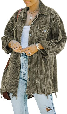 Hixiaohe Women's Casual Oversized Button Down Corduroy Shirt Jacket Coat Washed Retro Shacket in Kuwait