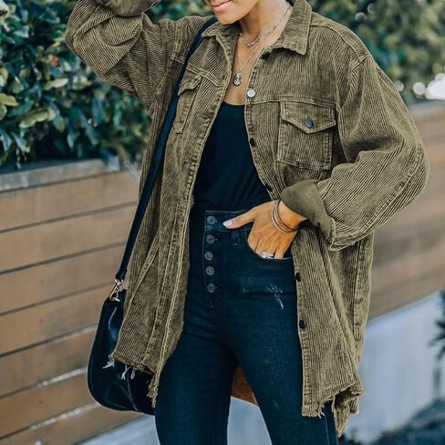 Hixiaohe Women's Casual Oversized Button Down Corduroy Shirt Jacket Coat Washed Retro Shacket in Kuwait