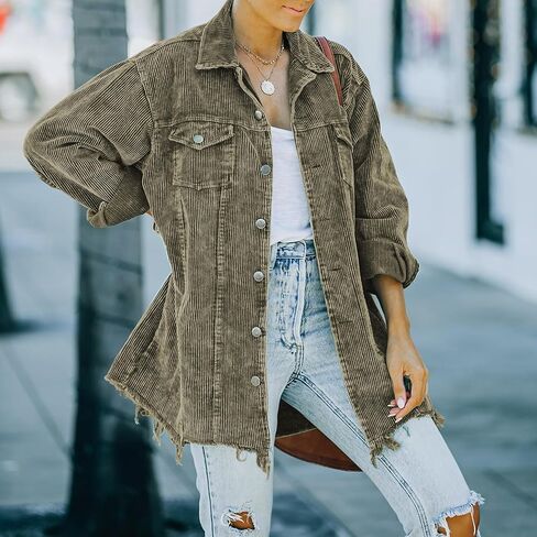 Hixiaohe Women's Casual Oversized Button Down Corduroy Shirt Jacket Coat Washed Retro Shacket in Kuwait