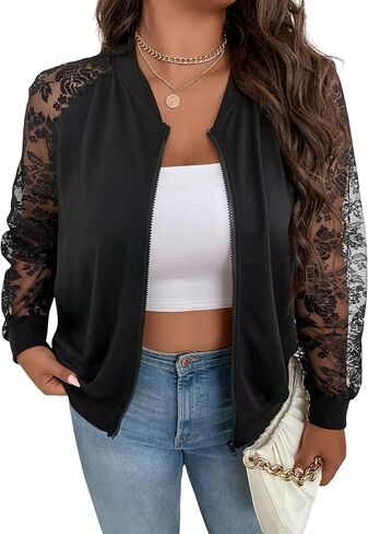 Floerns Women's Plus Size Sheer Floral Lace Long Sleeve Baseball Jacket in Kuwait