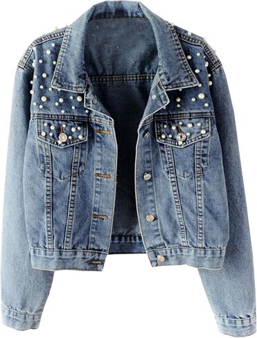Hixiaohe Women Loose Embroidered Pearls Beading Cropped Denim Jacket Jean Coat in Kuwait