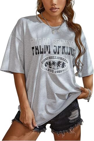 COZYEASE Women's Graphic Tees Oversized T Shirts Letter Print Casual Summer Tops Loose Drop Shoulder Tops in Saudi Arabia