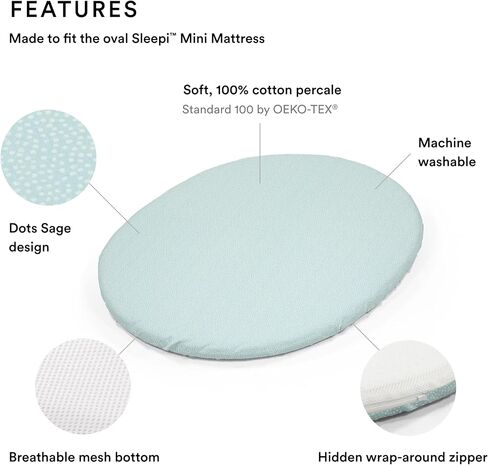 Stokke Sleepi Mini Fitted Sheet, Dots Sage - Soft Sheets for Sweet Dreams - Made for The Oval Sleepi Mini Mattress - Safe, Stylish & Washable - 100% Fine Cotton Percale in Saudi Arabia