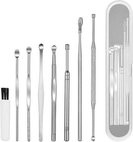 أداة إزالة شمع الأذن مكونة من 8 قطع، مجموعة إزالة شمع الأذن، مجموعة تنظيف الأذن، أداة إزالة شمع الأذن مع فرشاة تنظيف وصندوق تخزين (فضي) in Kuwait