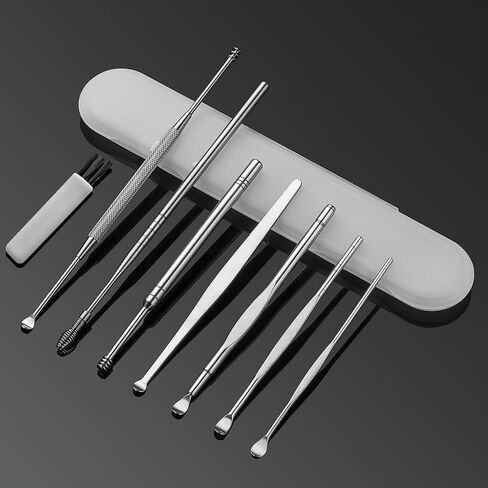 أداة إزالة شمع الأذن مكونة من 8 قطع، مجموعة إزالة شمع الأذن، مجموعة تنظيف الأذن، أداة إزالة شمع الأذن مع فرشاة تنظيف وصندوق تخزين (فضي) in Kuwait