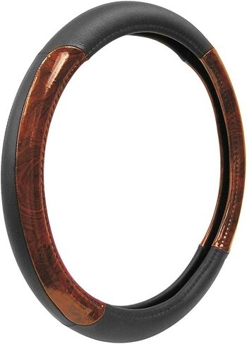 إكسسوارات مخصصة 35600 غطاء عجلة قيادة من الجلد الطبيعي باللون الأسود مع تصميم خشبي in Kuwait