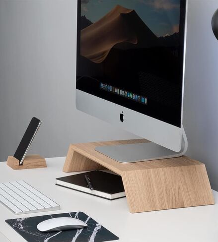 حامل شاشة Oakywood، حامل وضع مريح لجهاز الكمبيوتر iMac، جهاز كمبيوتر في وضع مستوى العين، مصنوع يدويًا ومصقول يدويًا في الاتحاد الأوروبي، ملحقات مكتب المنزل من الخشب الصلب، ارتفاع 9 سم، خشب الجوز in Kuwait