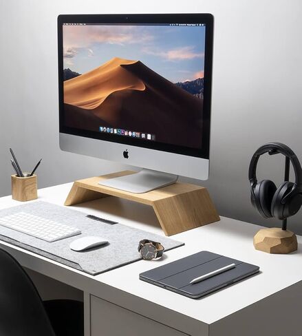حامل شاشة Oakywood، حامل وضع مريح لجهاز الكمبيوتر iMac، جهاز كمبيوتر في وضع مستوى العين، مصنوع يدويًا ومصقول يدويًا في الاتحاد الأوروبي، ملحقات مكتب المنزل من الخشب الصلب، ارتفاع 9 سم، خشب الجوز in Kuwait