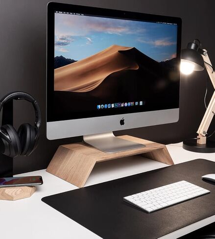 حامل شاشة Oakywood، حامل وضع مريح لجهاز الكمبيوتر iMac، جهاز كمبيوتر في وضع مستوى العين، مصنوع يدويًا ومصقول يدويًا في الاتحاد الأوروبي، ملحقات مكتب المنزل من الخشب الصلب، ارتفاع 9 سم، خشب الجوز in Kuwait