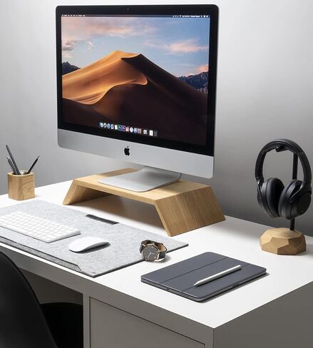حامل شاشة Oakywood، حامل وضع مريح لجهاز الكمبيوتر iMac، جهاز كمبيوتر في وضع مستوى العين، مصنوع يدويًا ومصقول يدويًا في الاتحاد الأوروبي، ملحقات مكتب المنزل من الخشب الصلب، ارتفاع 9 سم، خشب الجوز in Kuwait