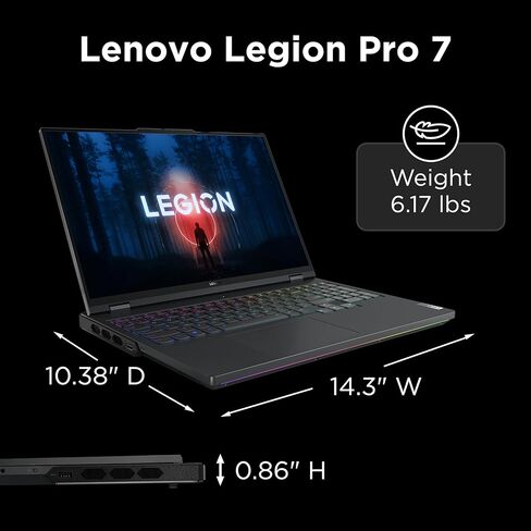 كمبيوتر محمول للألعاب Lenovo Legion Pro 7، NVIDIA® GeForce RTX™ 4080 12GB GDDR6، شاشة WQXGA مقاس 16 بوصة، AMD Ryzen 9 7945HX، ذاكرة الوصول العشوائي 32 جيجا، 1 تيرابايت SSD، 2560x1600 بكسل، Windows 11، Onyx Gray in Kuwait