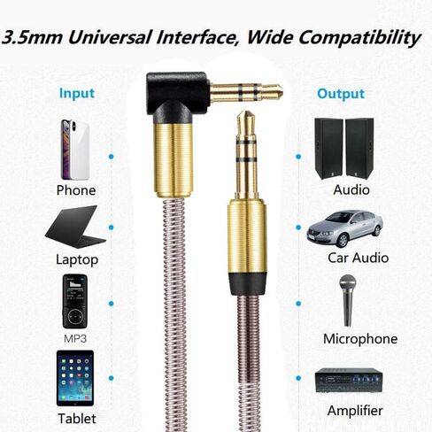 Cotchear خرطوم معدني صوت ستيريو ذكر إلى ذكر كابل 3.3ft/1m 90 درجة زاوية 3.5 ملم سلك مساعد عالمي للسيارة Aux للهاتف PC مكبر الصوت (رمادي) in Kuwait