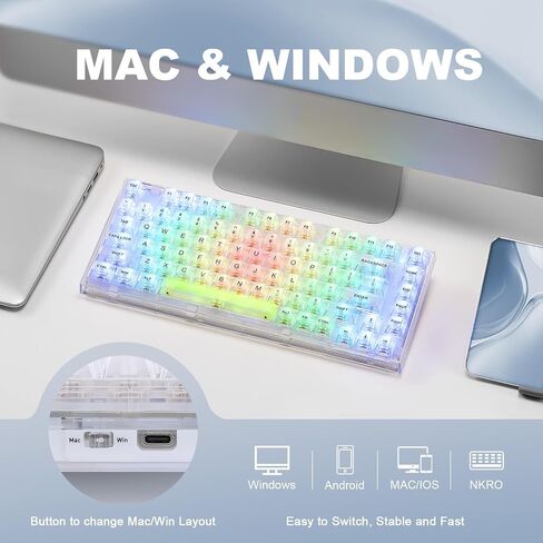 YUNZII X75 PRO 82 Key Wireless Hot Swappable Mechanical Gaming Keyboard with Transparent Keycaps,BT5.0/2.4G/USB-C, Gasket Mount Keyboard,for Windows/Mac (Crystal Ice Switch, Wireless-Pink) in Saudi Arabia