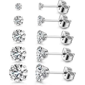Women's 14K Gold Plated CZ Stud Earrings Simulated Diamond Round Cubic Zirconia Ear Stud Set（5 Pairs)