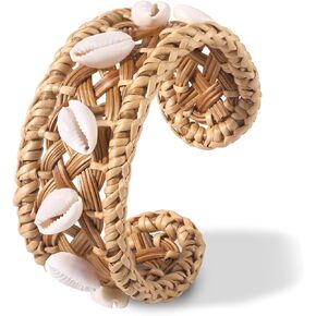 HSWE Rattan Bracelet for Women Handmade Lightweight Straw Wicker Braid Cuff Bangle Bracelet Statement Adjustable Bohemian Rattan Woven Chunky Bracelets for Girls Summer Wrist Jewelry