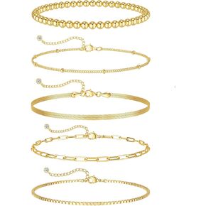 DEARMAY Gold Bracelets for Women Girls 14K Real Gold Jewelry Sets for Women Cute Tennis Beaded Bracelets for Women Cuban Link Paperclip Chain Anklet Dainty Bracelet Pack Gifts for Women Girls