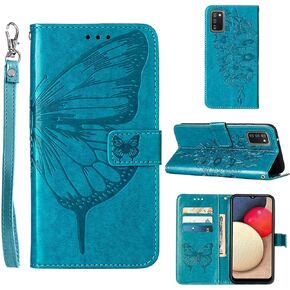 A02s Case,Wallet for Samsung A02s Case,[Kickstand][Wrist Strap][Card Holder Slots] Butterfly Floral Embossed PU Leather Flip Protective Cover for Galaxy A02s Case (Black)