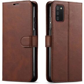 Samsung Galaxy A03s Phone Case, Galaxy A03s Phone Case, with [Tempered Glass Screen Protector Included] PU Leather Wallet Shockproof Cover Kickstand Pocket Card Slots Magnet Closure - Brown