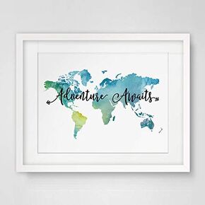 Adventure Awaits Teal World Map Painting Watercolor Art Print Travel Quote Wall Decor Wall Hanging The World Map Decor 8x10 inch No Frame