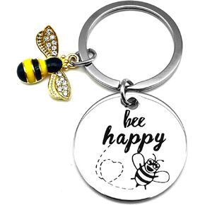BULANG Cute Keychain Stainless Steel Bee Happy Keyring Bag Handbag Accessories, silver
