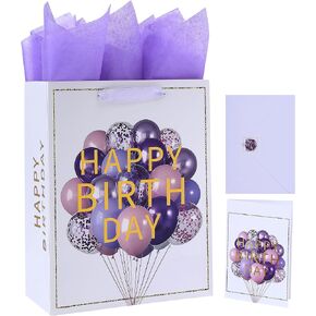 13" Large white Gift Bag Set with Greeting Card and Lavender Tissue Papers (Balloon and Embossing Gold Foil ‘Happy Birthday’) for Women's or Men's Birthday Party, Girls', Boys' or Kids' Party, Baby Shower, Baby Girl or Boy-10.2"x5.2"x13",1 Pcs.