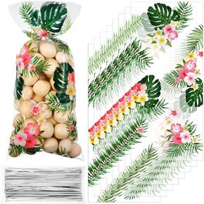 Geyee 100 pcs Hawaiian Luau Cellophane Treat Bags,Summer Tropical Aloha Themed Candy Bags Palm Leaves Hibiscus Goodie Bags with 100 Silver Twist Ties for Kids Birthday Party Favor Bag,Clear,10.8x5 in