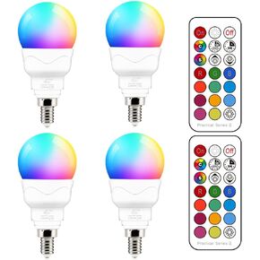 ILC E12 LED Light Bulbs (40w Equivalent) 5W, Color Changing RGB, A15 Small Base Candelabra Round Light Bulb, Candle Base, 2700K Warm White 12 Colors 2 Modes Timing with Remote Control (4 Pack)
