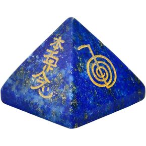 mookaitedecor Lapis Lazuli Crystal Pyramid Stone with Engraved Chakra Symbol, Healing Crystals Energy Generator for Reiki Meditation Divination Decoration