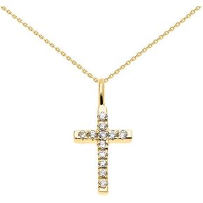 Religious Jewelry 14K Yellow Gold 1/20 Cttw Diamond Accented Dainty Linear Cross Charm Pendant Necklace with Rolo Chain (K-M Color) - Choice of Chain Length