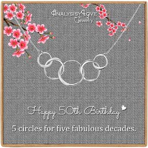 50th Birthday Gifts for Women - Sterling Silver Infinity 5 Circle 5 Decades Necklace, Mom Gifts, Mothers Day Jewelry Birthday Gift