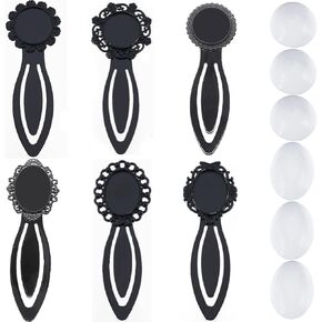 SUNNYCLUE 1 Box 12Pcs DIY 6 Sets Cabochon Bookmark Retro Style Black Metal Bookmarks Blanks Glass Dome Vintage Bookmark Bezel Tray Book Marks Clip Round Oval Clear Cabochons for Bookworm DIY Crafts