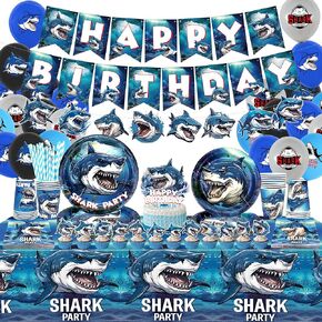 Shark Birthday Party Decoration - Shark Party Favors, Plates Cups Napkins Tablecloth Cutlery Happy Birthday Banner Balloons Arch Cake Toppers for Boy Ocean Shark Theme Party Supplies