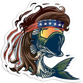 Mullet Bass Sticker with US Flag Bandana (2 Pack), Strong Adhesive Waterproof Funny Fishing Stickers and Decals - No Fade, Used for Laptop, Window, Bumper, RV, Boat, Truck & Car