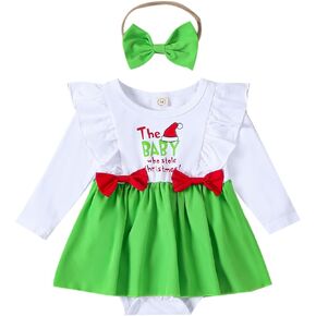 BULINGNA Newborn Infant Baby Girl Christmas Romper Dress Funny Letter Ruffle Skirted Bodysuit with Headband for Xmas Party