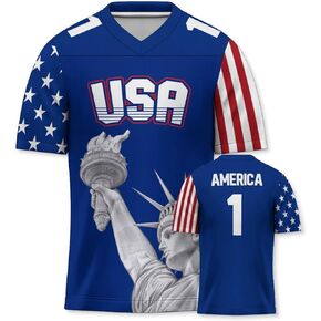 4th of July USA Foottball Jersey for Independence Day, Red White Blue Stars and Stripes Statue of Liberty #1 Shirts