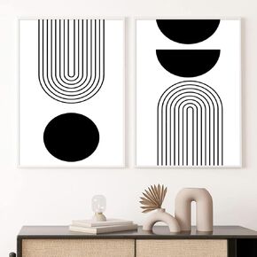 Black and White Geometric Abstract Wall Art Black and White Boho Canvas Painting Minimalist Art Prints Black and White Line Art Mid Century Modern Geometric Wall Art 16x24inch (Set of 2) Frameless